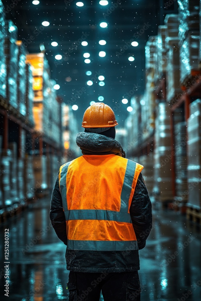 Warehouse Worker in Safety Vest Monitoring Operations with Tablet in Organized Facility Warehouse Worker in Safety Vest Monitoring Operations with Tablet in Organized Facility