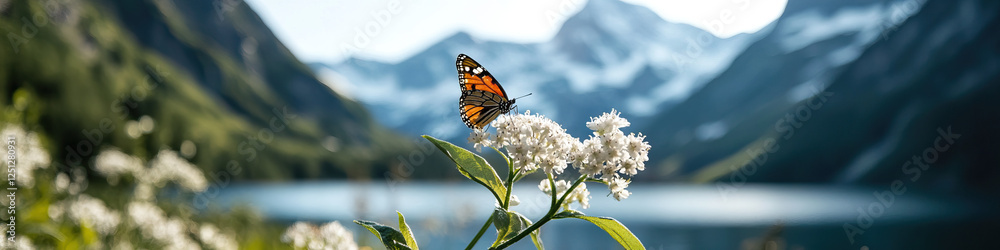 Obraz premium Monarch Butterfly on White Flowers with Mountain Lake Background