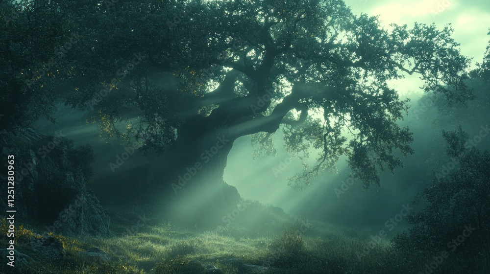 Obraz premium Majestic oak, sunrise rays, misty forest, fantasy background, game design
