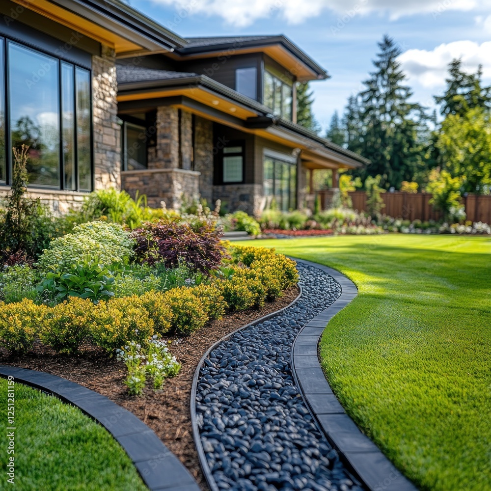 Modern home landscaping; stone pathway, lush garden, sunny day, real estate Modern home landscaping; stone pathway, lush garden, sunny day, real estate