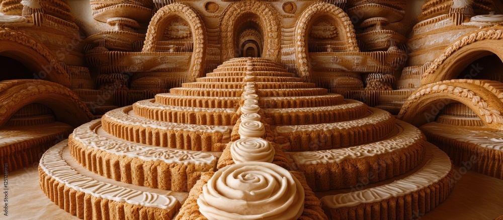 Fototapeta premium Intricate sandcastle stairway, complex background, beach setting, architectural design