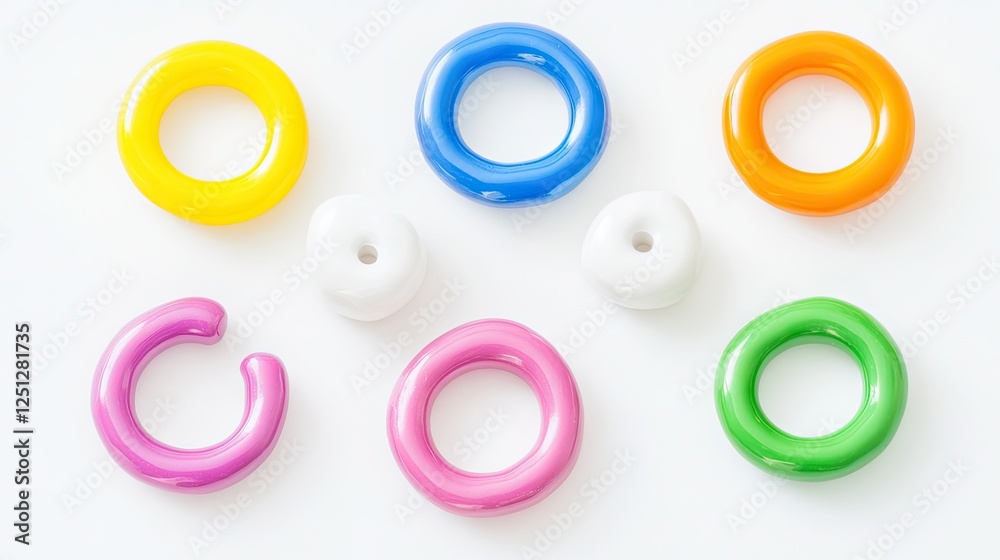 Colorful plastic rings and beads on white background; craft supplies; flat lay Colorful plastic rings and beads on white background; craft supplies; flat lay