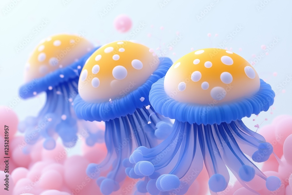 Three colorful jellyfish with yellow and blue bodies, floating among soft pink bubbles. The jellyfish have long, flowing tentacles and a whimsical appearance, set against a light background. Three colorful jellyfish with yellow and blue bodies, floating among soft pink bubbles. The jellyfish have long, flowing tentacles and a whimsical appearance, set against a light background.