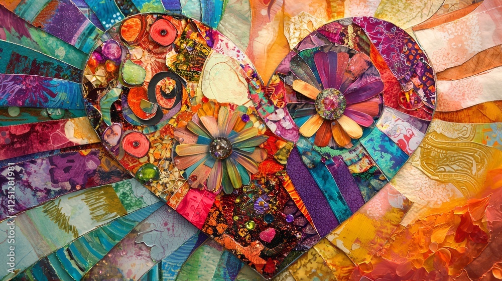 Fototapeta premium Valentine mockup card minimalist design. Colorful Mosaic Heart Radiating Artistic Expression Handmade Textured Design Bright Abstract Artwork.