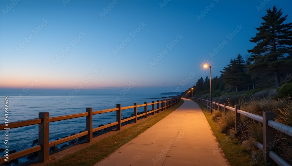 Obraz premium A peaceful coastal walkway at twilight, illuminated by glowing streetlights. Perfect for travel, relaxation, and nature themes.