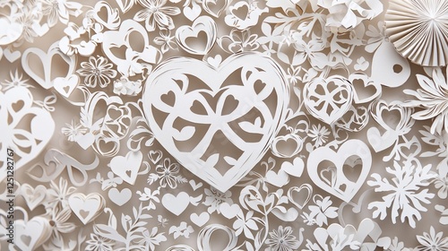 Valentine mockup card minimalist design. Delicate Paper Cut Art of Hearts and Floral Designs for Celebrations and Festive Occasions.