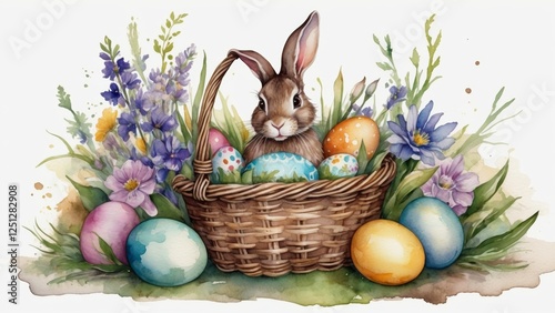 watercolor art, A vintage illustration of an Easter bunny holding a basket full of Easter eggs and spring flowers in the Victorian style with calligraphy script in the background on white paper