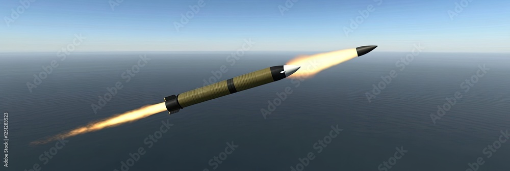 Naklejka premium Missile launch over ocean; clear sky background. Military technology image