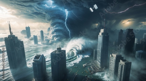 A hyper-realistic cinematic aerial view of a futuristic natural disaster in a modern metropolis. The perspective from top of a skyscraper, looking down at a massive superstorm with swirling clouds photo