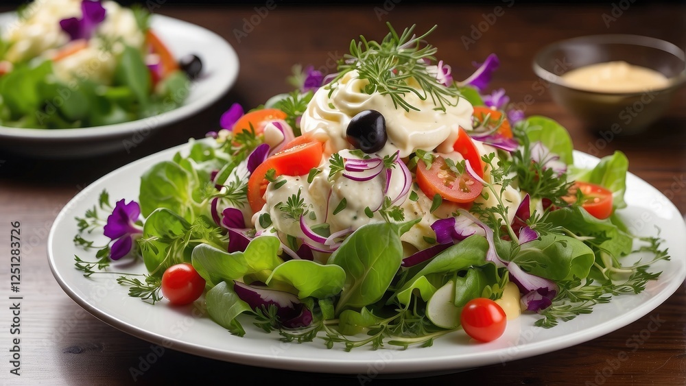Gourmet salad topped with fresh mayonnaise and colorful herbs in an outstanding presentation. Gourmet salad topped with fresh mayonnaise and colorful herbs in an outstanding presentation.