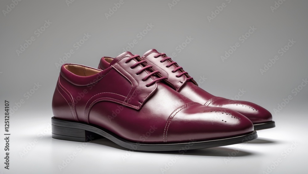 Create a photorealistic image of a pair burgundy shoes positioned sideways, viewed from the front. The shoes should be clearly visible, emphasis on details, including stitching and leather texture Create a photorealistic image of a pair burgundy shoes positioned sideways, viewed from the front. The shoes should be clearly visible, emphasis on details, including stitching and leather texture