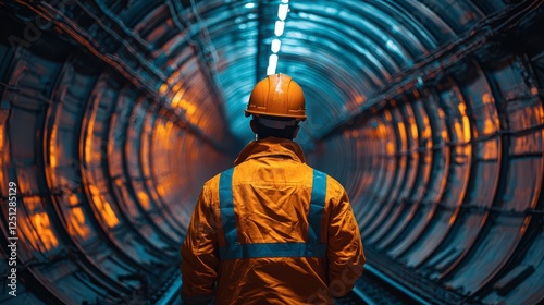 Soft focus and blurred lighting background of focus at railway. Engineer or technician control. Underground tunnel infrastructure
