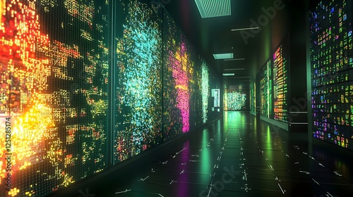 Futuristic abstract visualization of a deep learning process in a technologically advanced virtual environment with glowing neon lights and dynamic data matrix patterns along a corridor like passage photo