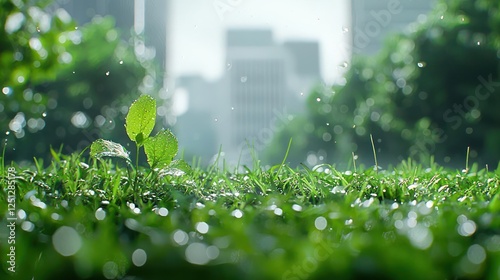 Fresh Grass In Rain With City Background photo