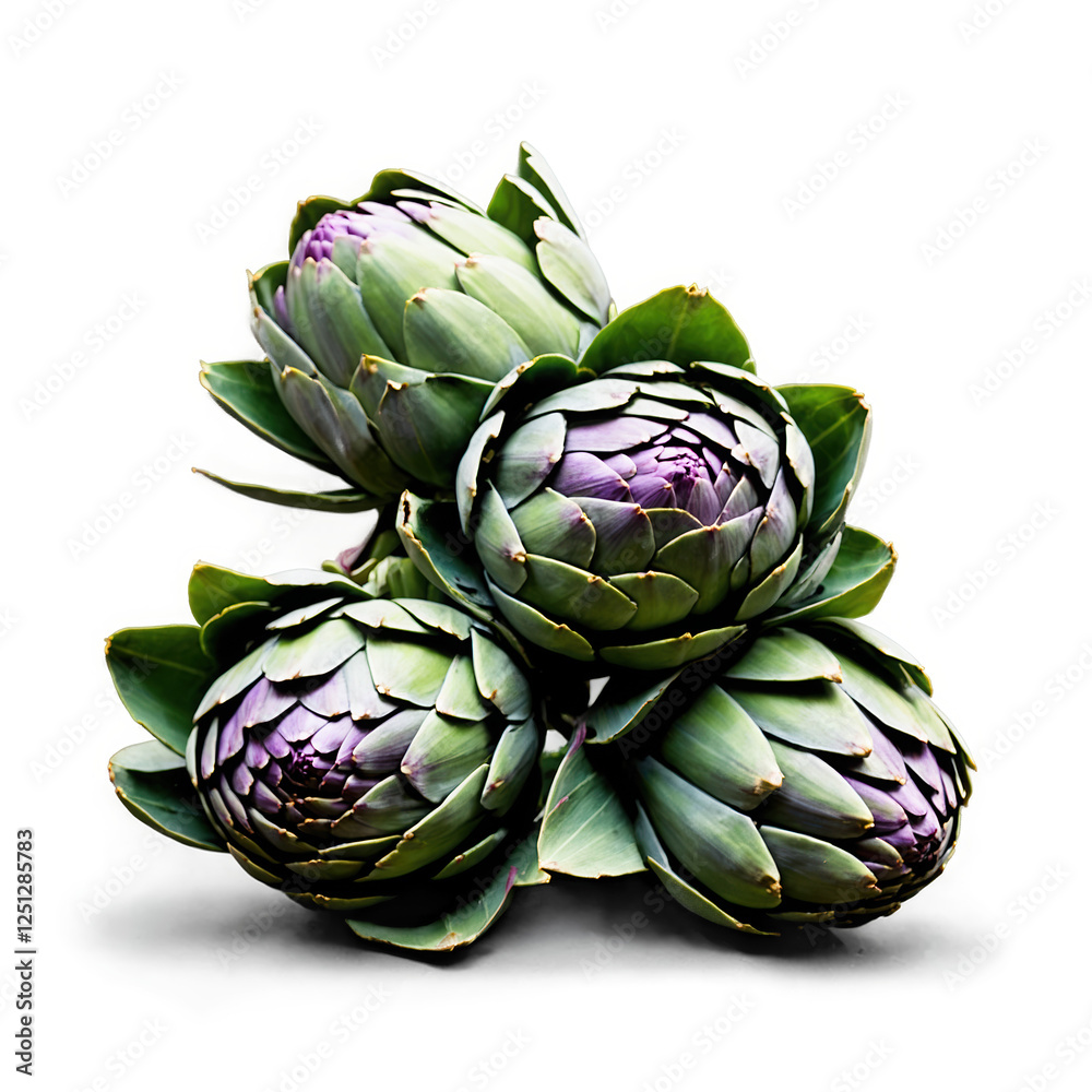 Obraz premium Fresh Artichokes Green Purple isolated on transparent background cutout
