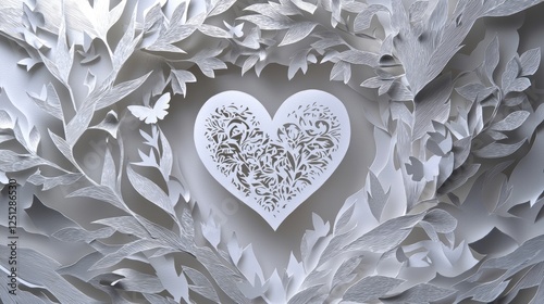 Valentine mockup card minimalist design. Intricate Floral Heart Paper Cut Art with Butterfly an Expression of Delicate Love and Artistic Craft.