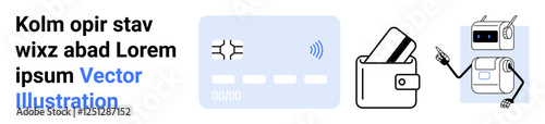 Credit card with contactless chip, wallet holding the card, and a robot pointing at the card. Ideal for contactless payments, finance technology, AI integration, automation, security, digital