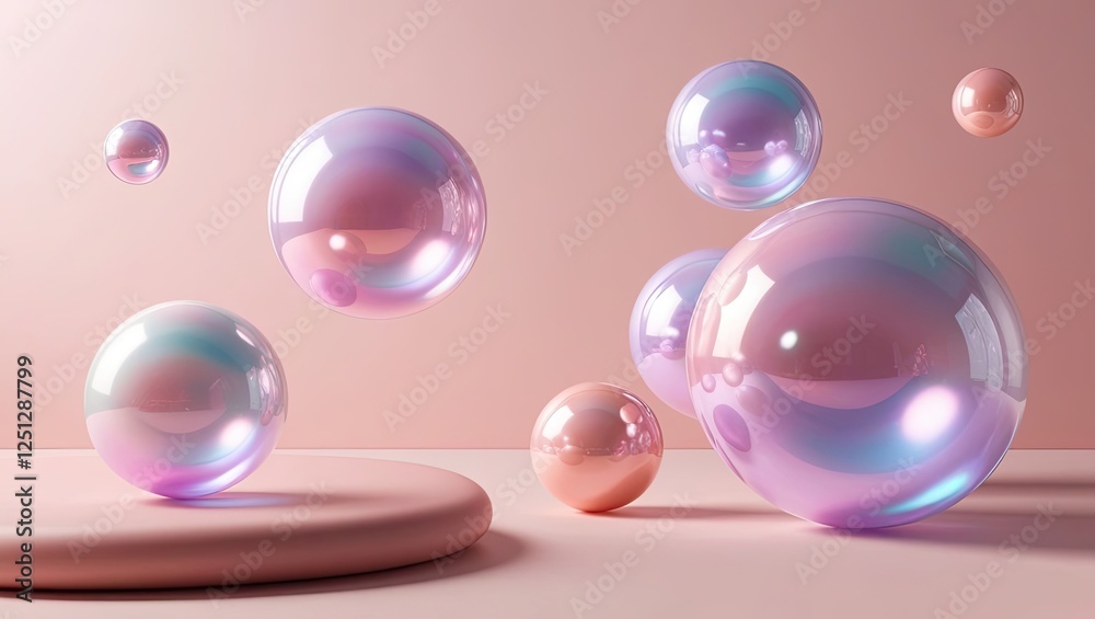 Reflective spheres in a soft, warm color palette. Skincare concept Reflective spheres in a soft, warm color palette. Skincare concept