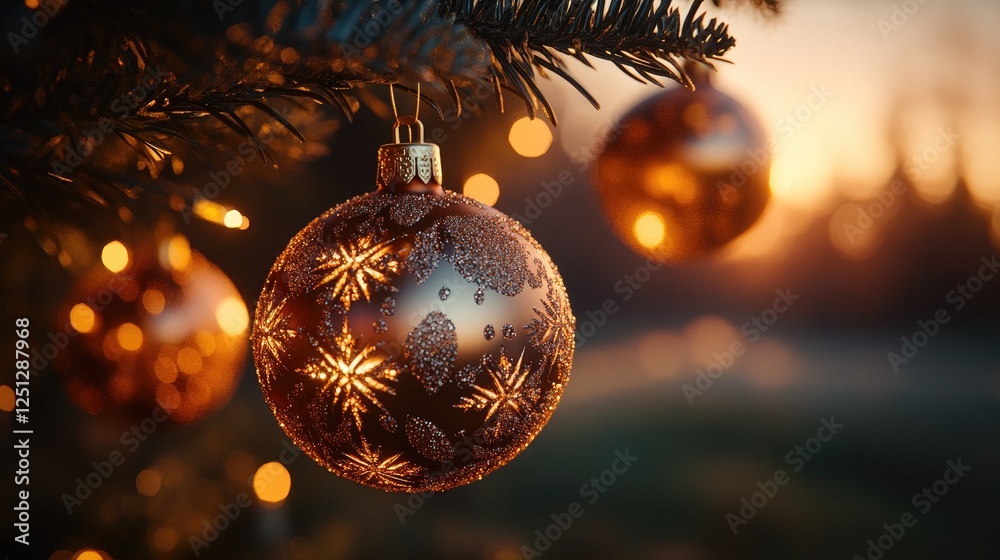 A close-up of three festive Christmas ornaments hanging from a branch of a Christmas tree. A close-up of three festive Christmas ornaments hanging from a branch of a Christmas tree.