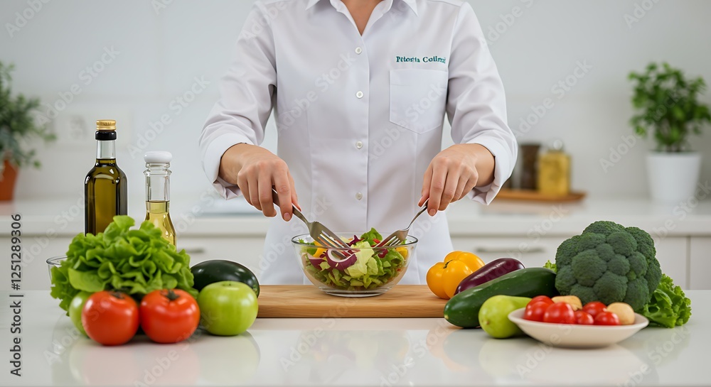 Nutritionist preparing healthy salad with fresh vegetables in kitchen Nutritionist preparing healthy salad with fresh vegetables in kitchen