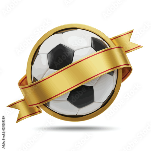 Soccer ball icon with a ribbon banner wrapped around it on a white background