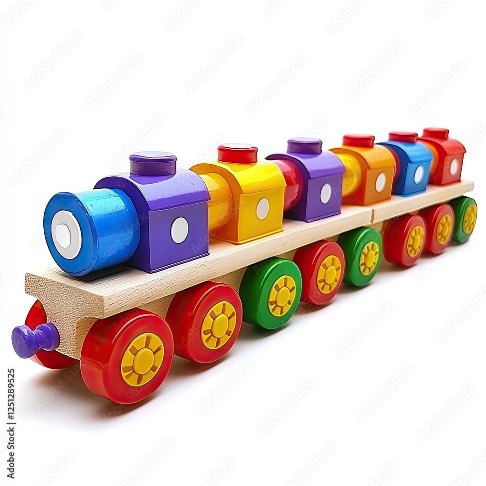 Colorful wooden toy train on white background, perfect for children's education