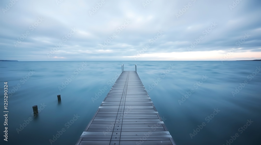 Fototapeta premium Serene pier extending into calm, blue water under a cloudy sky.