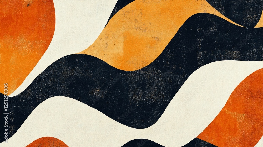 Abstract composition with orange, black and white curved shapes creating a dynamic wave pattern Abstract composition with orange, black and white curved shapes creating a dynamic wave pattern