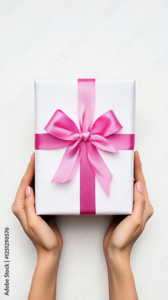 Hand holding a beautifully wrapped white gift box with a pink ribbon on a white background.
