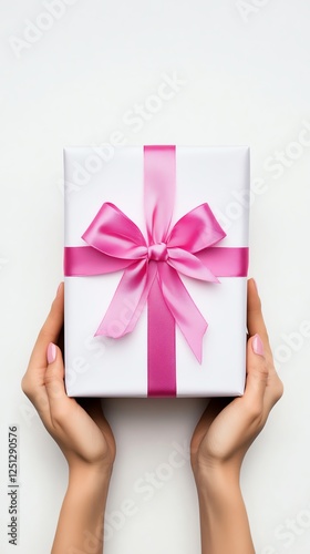 Obraz na płótnie Hand holding a beautifully wrapped white gift box with a pink ribbon on a white background. w salonie