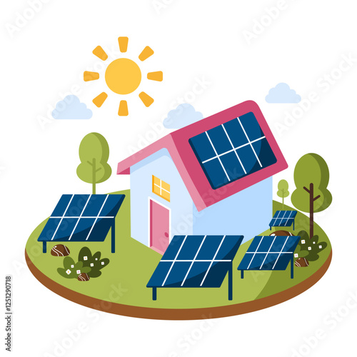 Solar energy is harnessed through solar panels installed on a rooftop under sunlight representing the growing use of renewable energy and technology designed to reduce carbon footprint.