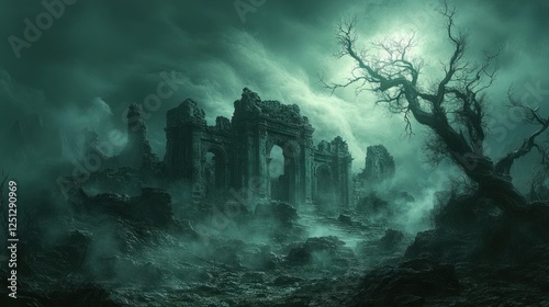 Ancient Temple in Dark Fantasy Landscape with Twisted Trees and Mist