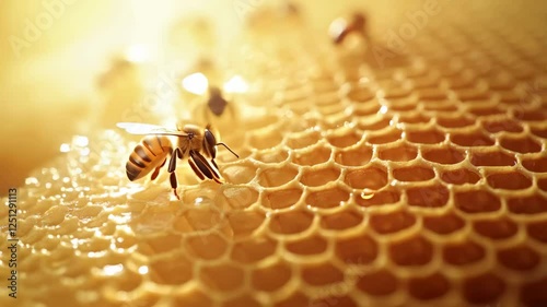 Golden honeycomb backlit with worker honey bee walking slowly across textured surface, highlighting intricate details of bee movement and honeycomb structure