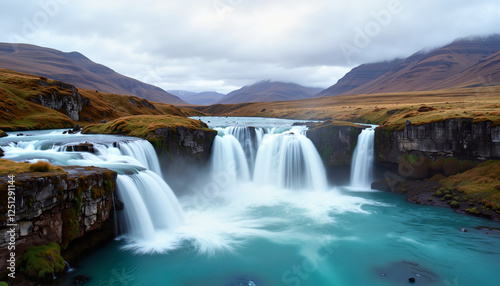 Majestic waterfall cascading over rocks in a mountainous landscape, nature's beauty