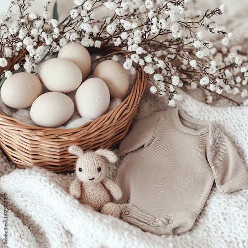 Cozy Easter Pregnancy Announcement with Pastel Spring Elements Baby outfit with eggs and flowers in basket.