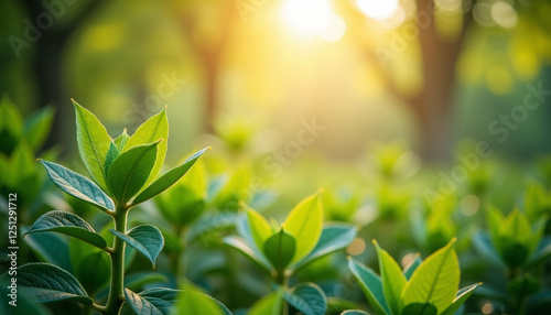 Mystical garden glow with softly blurred fresh green leaves in the foreground, glowing with sunlight and creating a peaceful ambiance