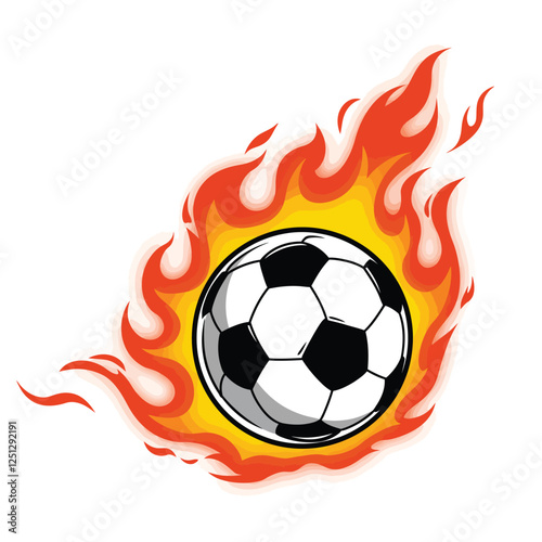 Soccer ball icon with flames for a fiery effect on a white background