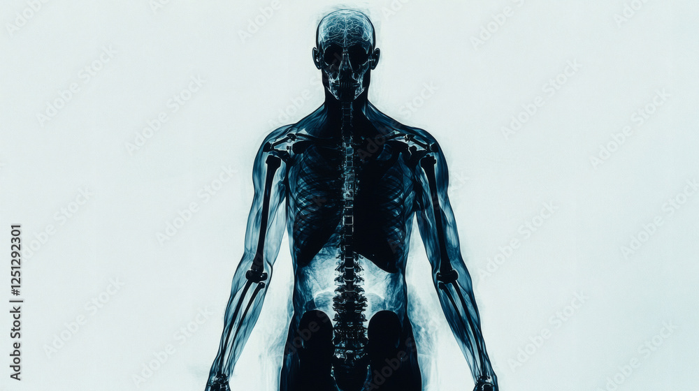 Fototapeta premium Man with skeleton body visible in the center of his torso in a conceptual artwork