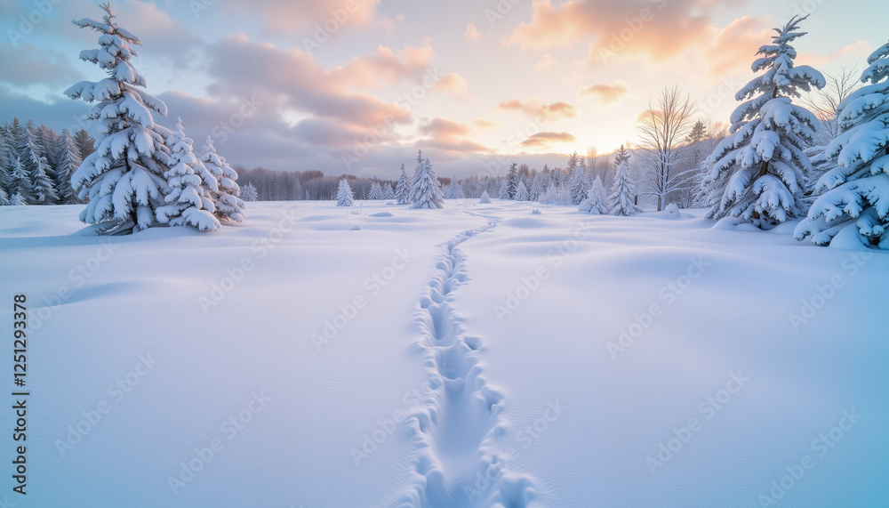 Footprints in deep snow at twilight, winter serenity Footprints in deep snow at twilight, winter serenity
