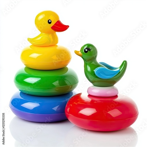 Colorful toy ducks and bird stacking toy, white background, children's play photo