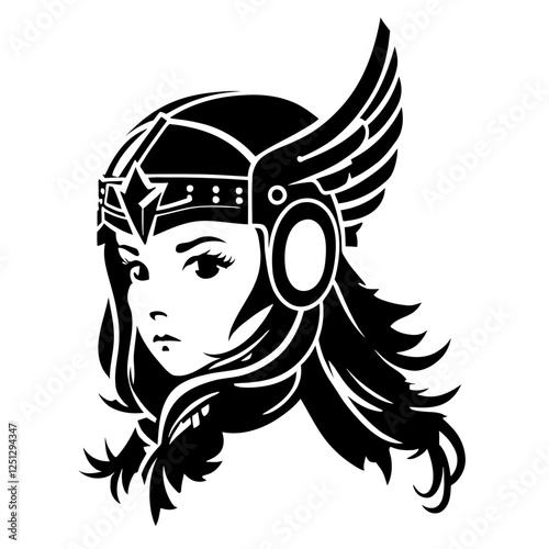 Cute Little Valkyrie – Legendary Norse Warrior Maiden. This Illustration is Perfect for Fantasy Art, Children's Books, Game Characters, Merchandise, Mythology-Inspired Designs.  Strength and Sweetness
