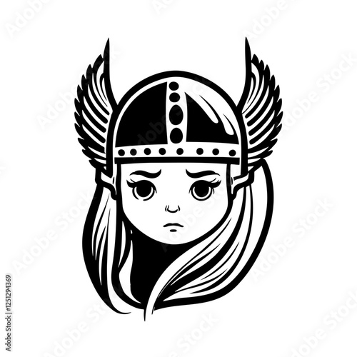 Cute Little Valkyrie – Legendary Norse Warrior Maiden. This Illustration is Perfect for Fantasy Art, Children's Books, Game Characters, Merchandise, Mythology-Inspired Designs.  Strength and Sweetness