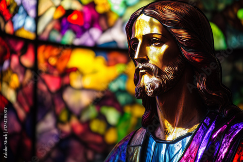 Stained Glass Window in Church with Jesus Christ Statue – Religious Artwork and Architecture