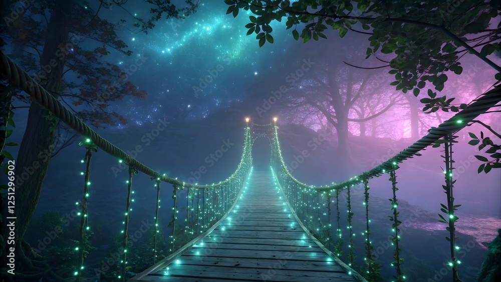 Fototapeta premium Enchanted Bridge in Mystical Forest with Twinkling Lights and Colorful Glow at Night