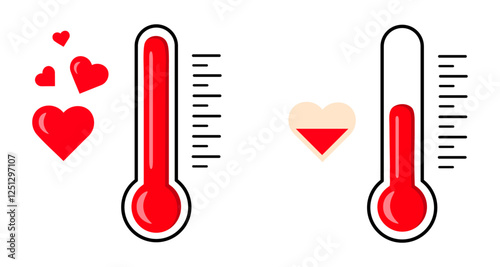 Set of cute love thermometers in cartoon style. Vector illustration of love thermometers with red scale, lines, hearts isolated on white background. Measuring love. Scale of love. Valentine's Day.