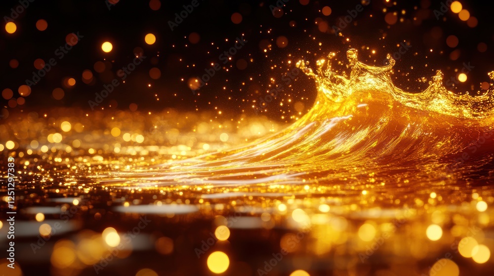 Golden liquid wave splash, dark bokeh Golden liquid wave splash, dark bokeh
