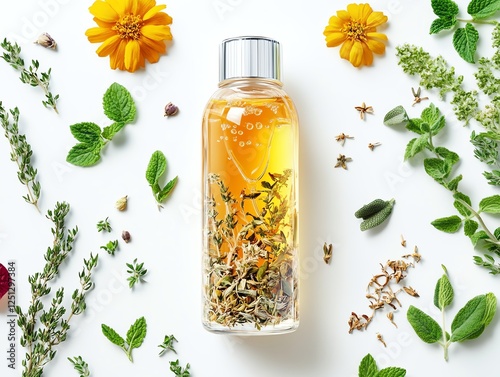 Obraz na płótnie Herbal infused oil bottle surrounded by fresh herbs and flowers on white background. w salonie