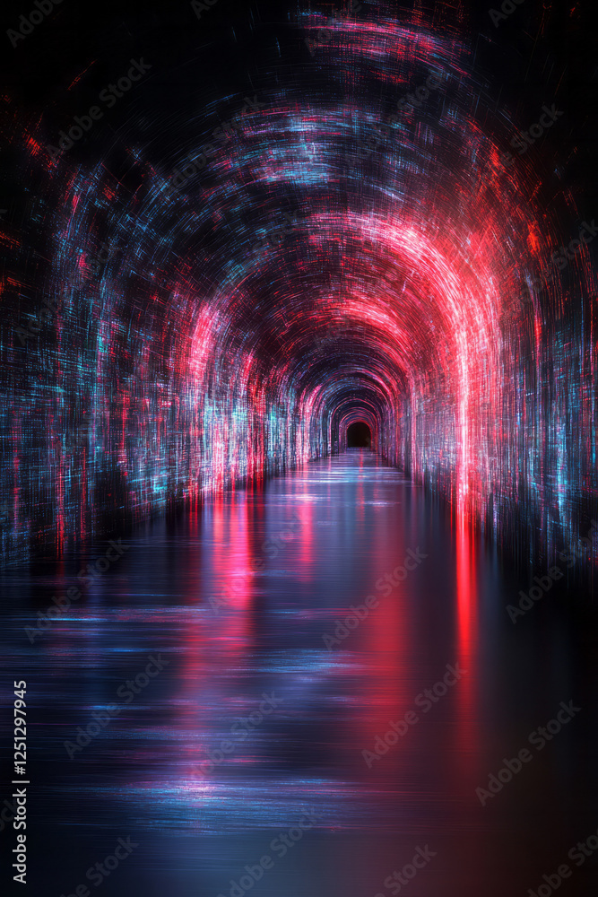A high-tech passage framed by glowing glass panels, red and blue reflections rippling across the A high-tech passage framed by glowing glass panels, red and blue reflections rippling across the