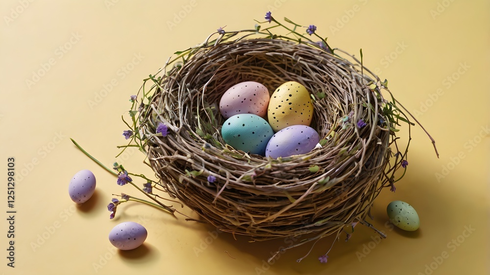 Fototapeta premium Happy easter day concept with colorful easter eggs in nest on soft color background