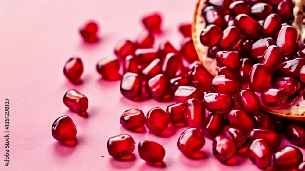 Close-up of shining ruby pomegranate seeds scattered on a pink background.